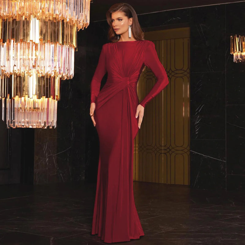 Ladies Autumn Elegant Evening Party Dress Women Long Sleeve O-Neck Ruched Fashion Maxi Dresses Night Club Streetwear Fall Outfit