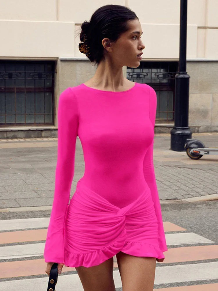 Tossy Ruffled Twist Skinny MIni Dress Women's Long Sleeve Patchwork High Waist Sexy Fashion Party Dress Female Y2k Bodycon Dress