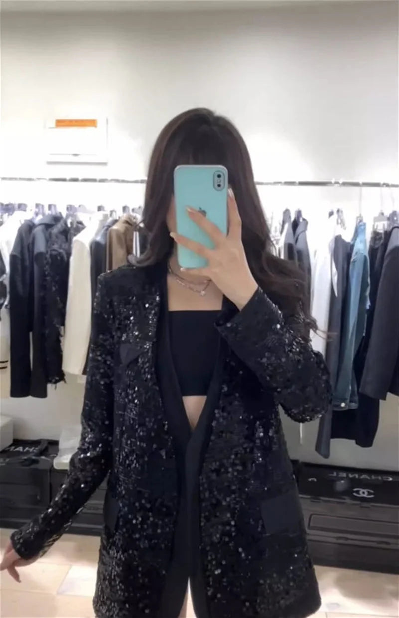 European Brand V-neck Temperament Socialite Sequin Jacket For Women, Mid To Long Style, Stylish Thin Style, Sparkling Top XQ145
