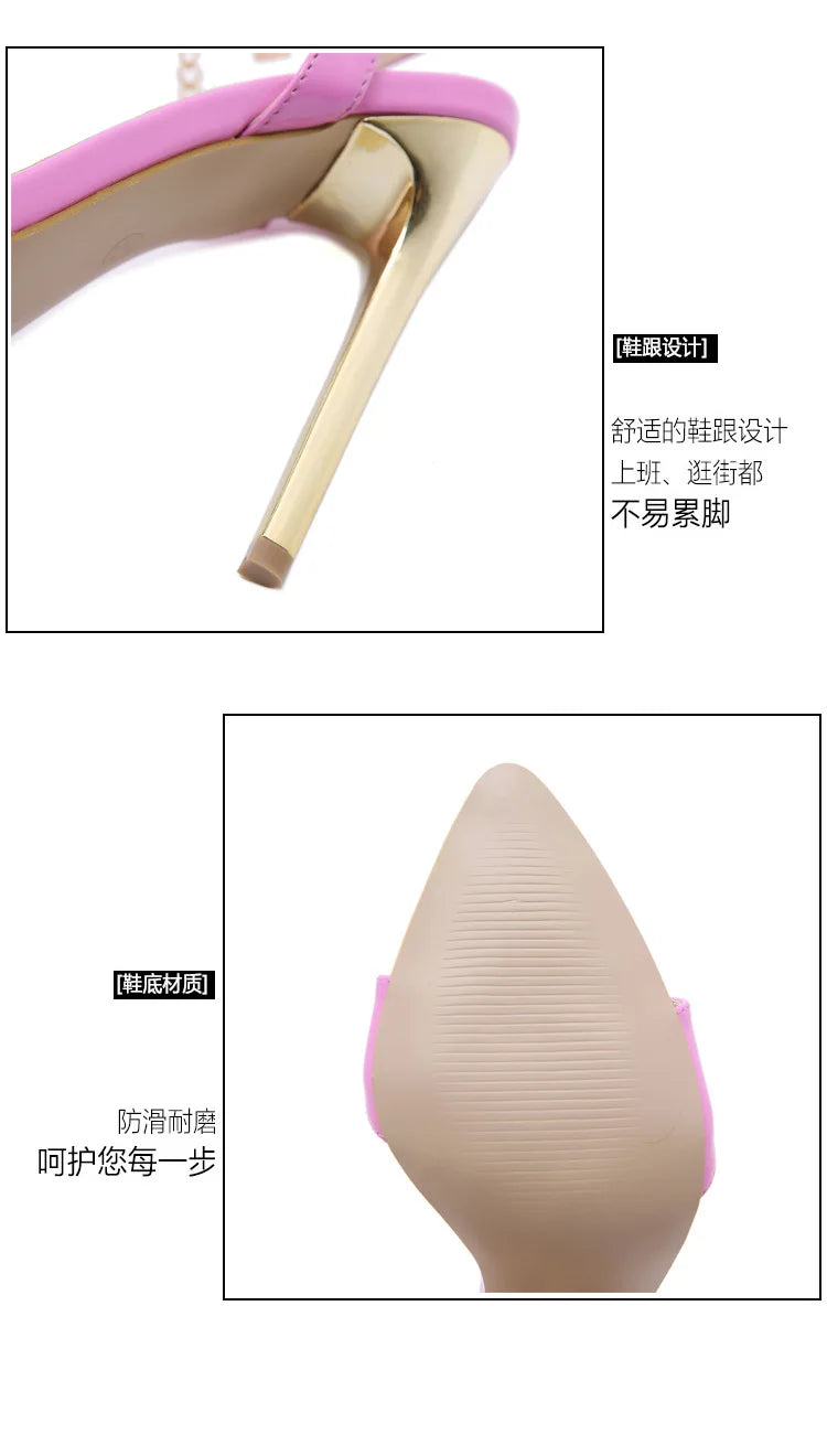 Sandálias femininas da moda com corrente dourada e tira no tornozelo, sexy, peep toe, salto alto de metal, sapatos de casamento, sapatos de festa para mulheres