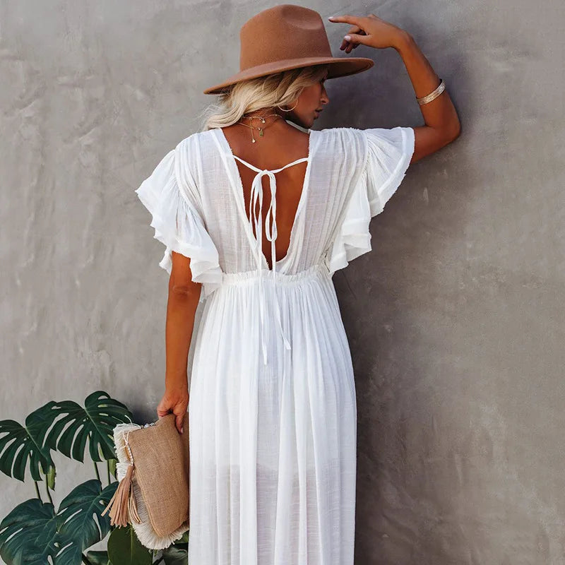 Blusa de biquíni com botões e cintura alta, saia longa, cardigan, jaqueta de praia para férias, proteção solar
