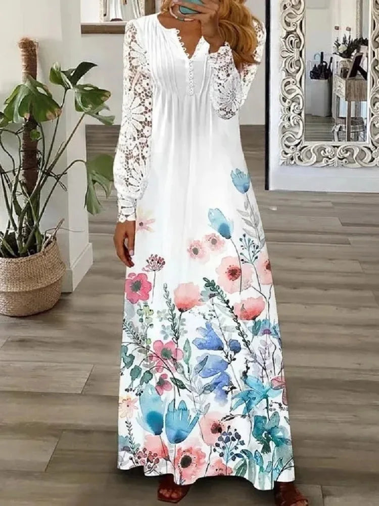 Spring Summer Women's New Fashionable Printed V-neck Sexy Lace Lace Patchwork Single Breasted Long Casual Comfortable Dress