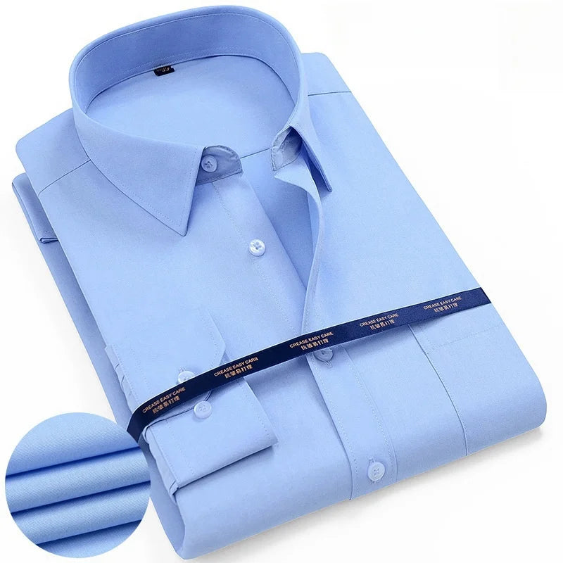 Camisa masculina de manga comprida, lisa, básica, formal, confortável, social, de ajuste padrão, fácil de cuidar, camisa de escritório, tamanho S-5XL