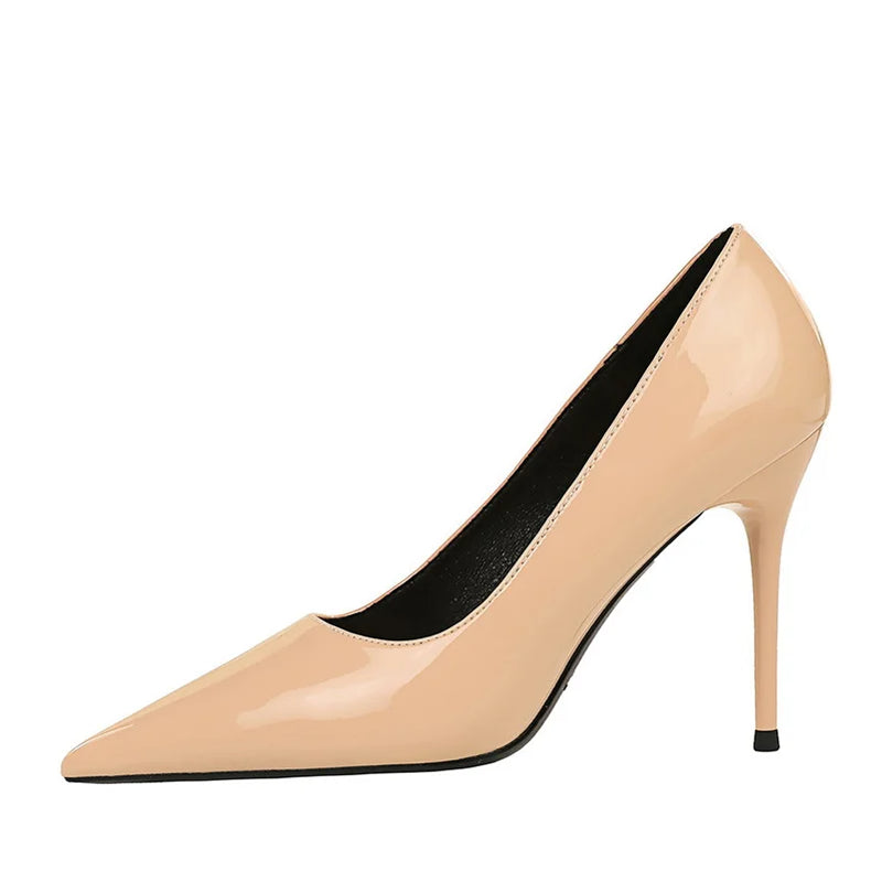 Sapatos de salto alto sensuais de 10 cm, cor vinho, nude, para mulheres, stripper, salto agulha, couro brilhante, para casamento, noiva, vermelho de qualidade