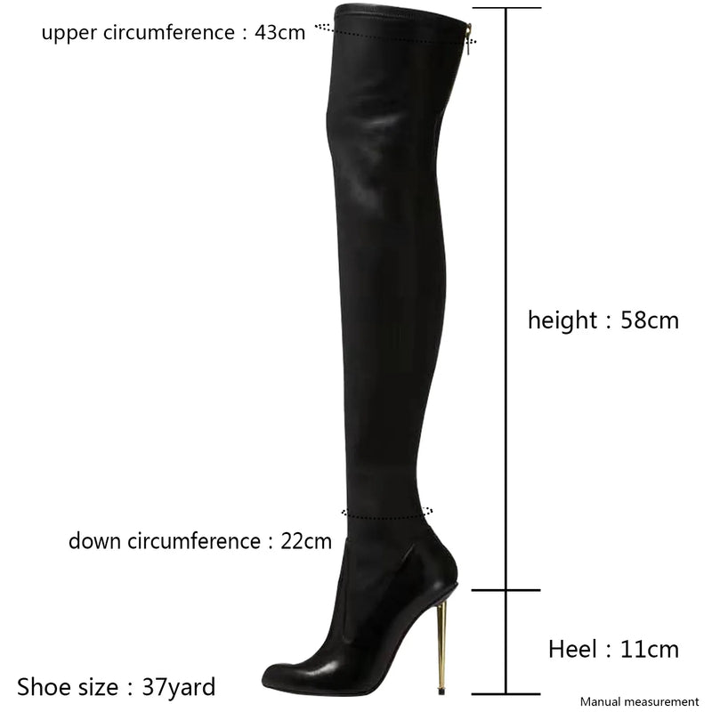 Botas femininas pretas da moda, cor sólida, salto alto fino, zíper traseiro de metal, botas acima do joelho