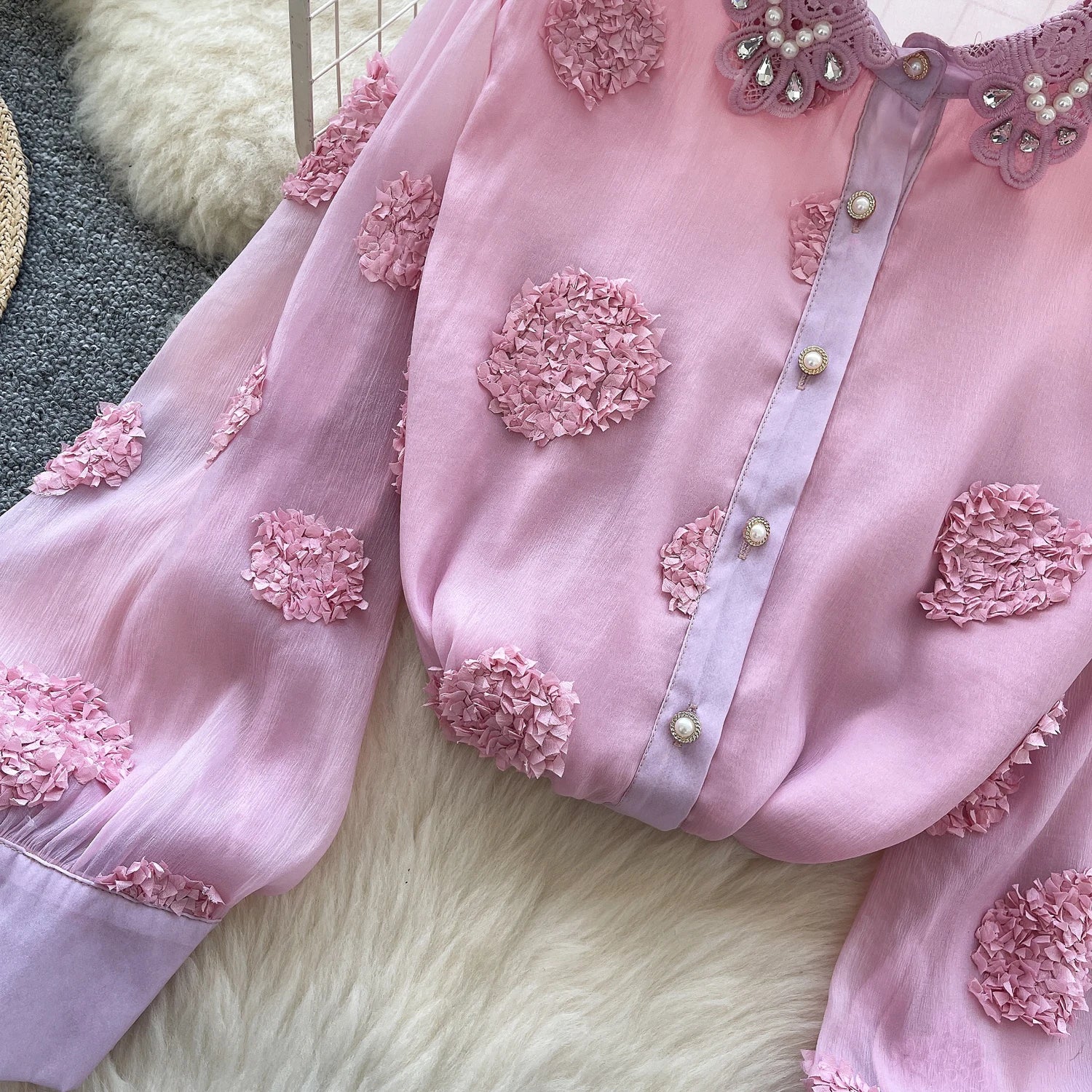 Blusa básica de manga comprida, gola polo vintage, gravata, abotoamento simples, solta, com strass, moda urbana francesa, blusa de outono