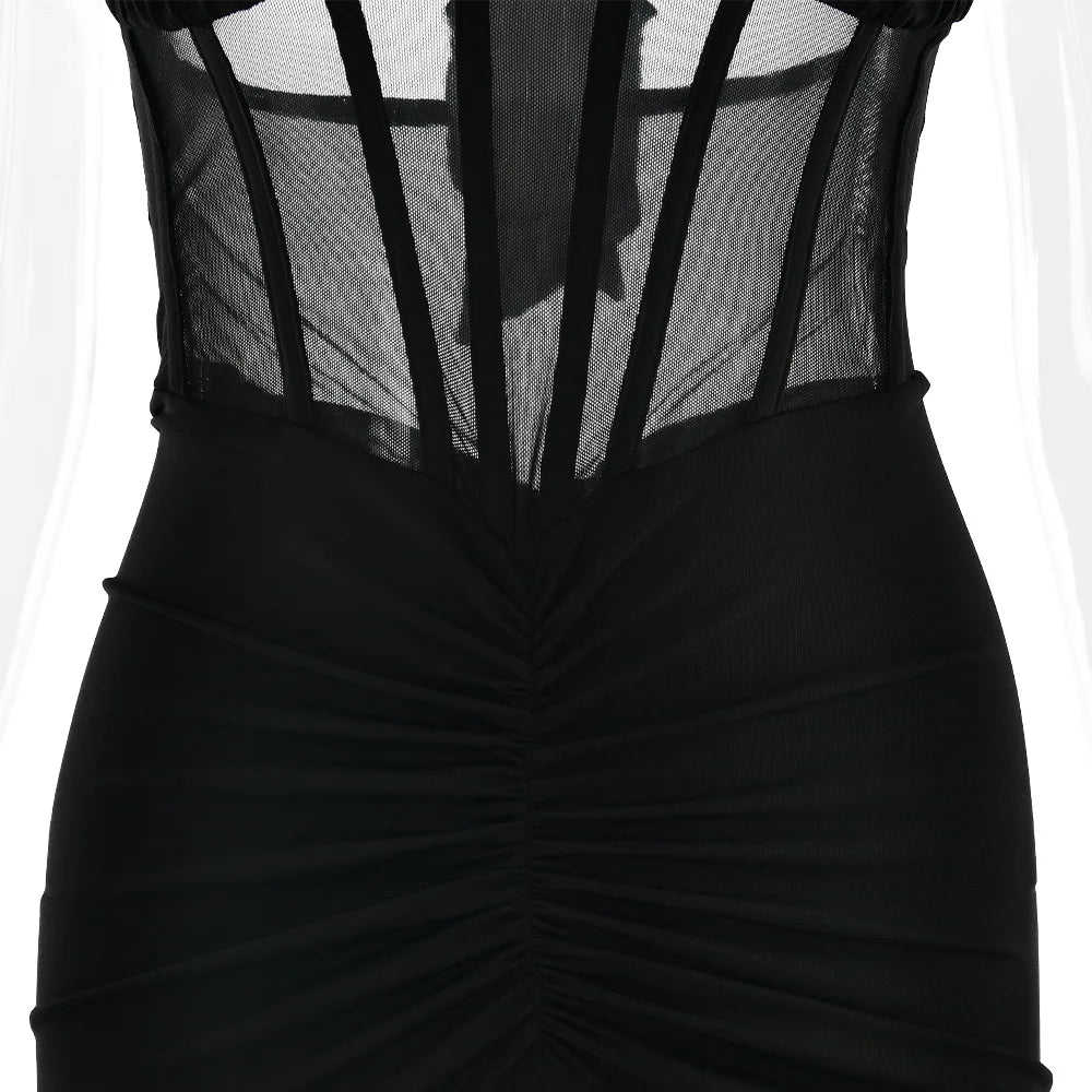 Elegant White Long Curvy Dress Women's Halter Deep V Backless Black Mesh Ruched Maxi Dresses Evening Party Cocktail Robe Summer
