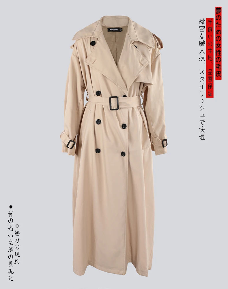 Nerazzurri Autumn Extra Long Oversized Khaki Flowy Soft Trench Coat for Women Back Slit Double Breasted Loose Casual Overcoat