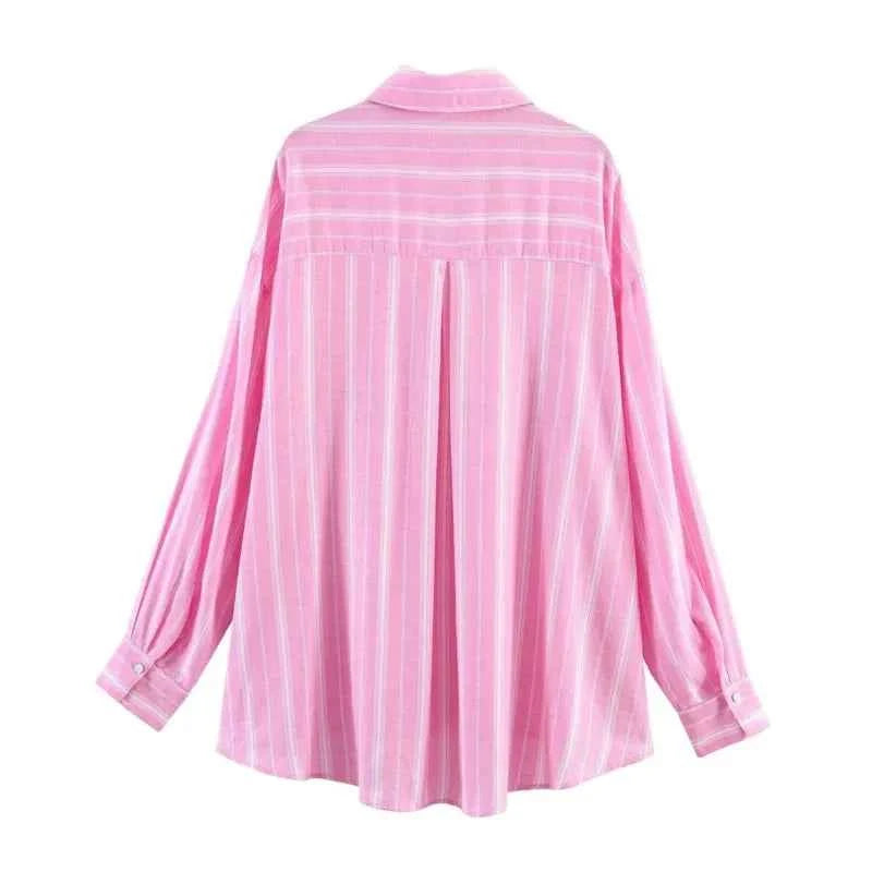 Women's Fashion Skirt Set 2 Piece Set Pink Oversize Long Sleeve Striped Shirt & Zipper Splicing Pleated Midi Skirt Female Outfit