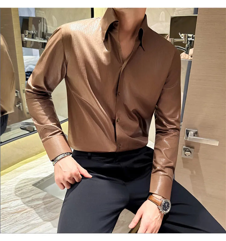 2026 Spring Fashion Big Collar Design Long Sleeved Shirt High Quality Men's Business Slim Fit Social Tuxedo Cotton Shirts