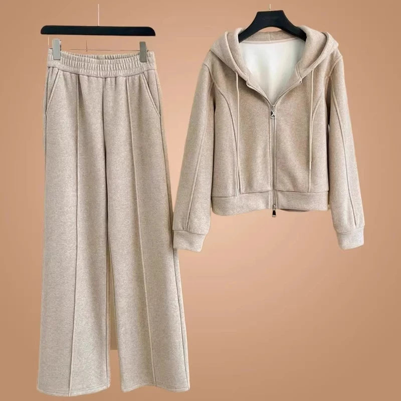 Women's Fleece Lined Thick Casual Sports Suit Set Hoodie Jacket Wide Leg Pants Two Piece Set Autumn Winter Fashion New Style