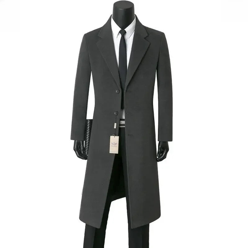 Sobretudo de lã masculino para outono e inverno, comprimento médio, casual, corta-vento quente, jaqueta com gola para pai