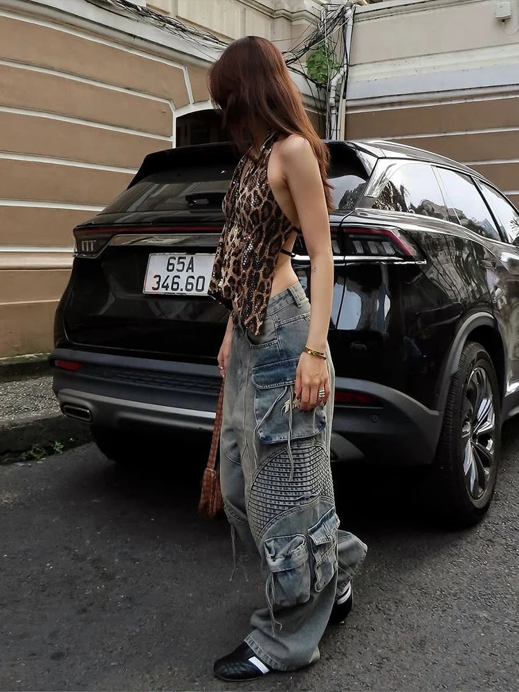 Weird Puss Leopard Sequins Women Vest Y2K Backless Halter V-Neck Lace-Up Sleeveless Street Skinny Wild Summer Trend Tank Tops