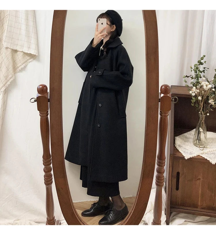 Autumn Winter Korean Style Loose Woolen Coat 2025 Slimming Knee-Length Tweed Women's Mid-Length Elegant Outerwear