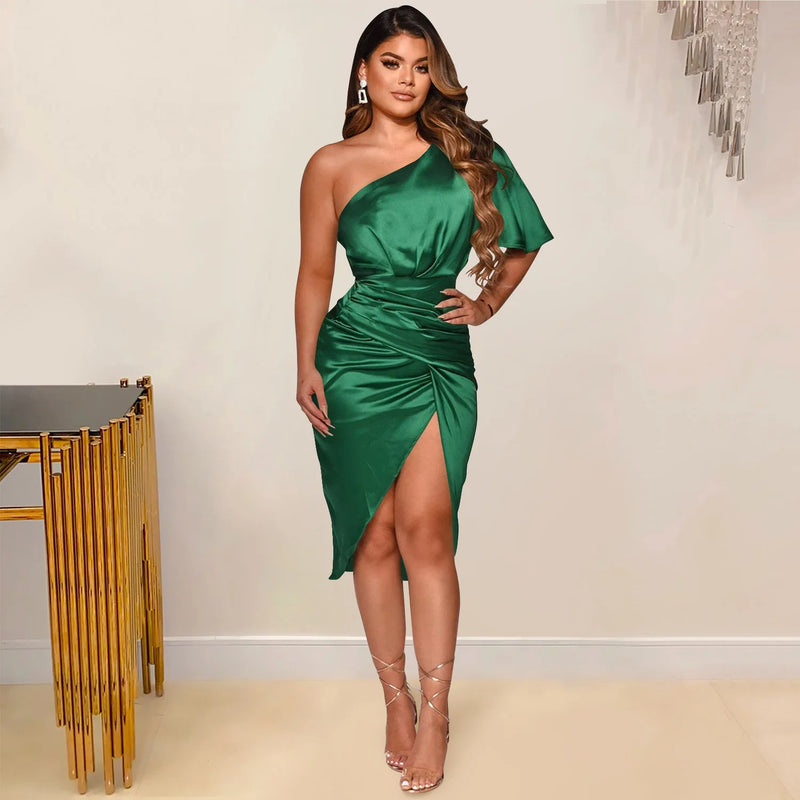Clothing 2022 Summer Solid High Split One Shoulder Elegant Midi Dress For Woman Birthday Nightclub Party Club Dresses Vestidos