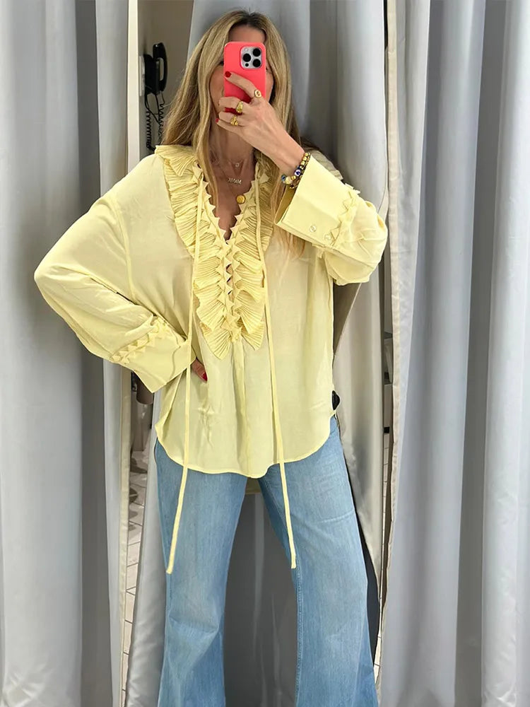 Blusa de chiffon com babados e manga comprida, blusa feminina casual solta, gola V, manga comprida, blusa de rua, primavera/verão 2025