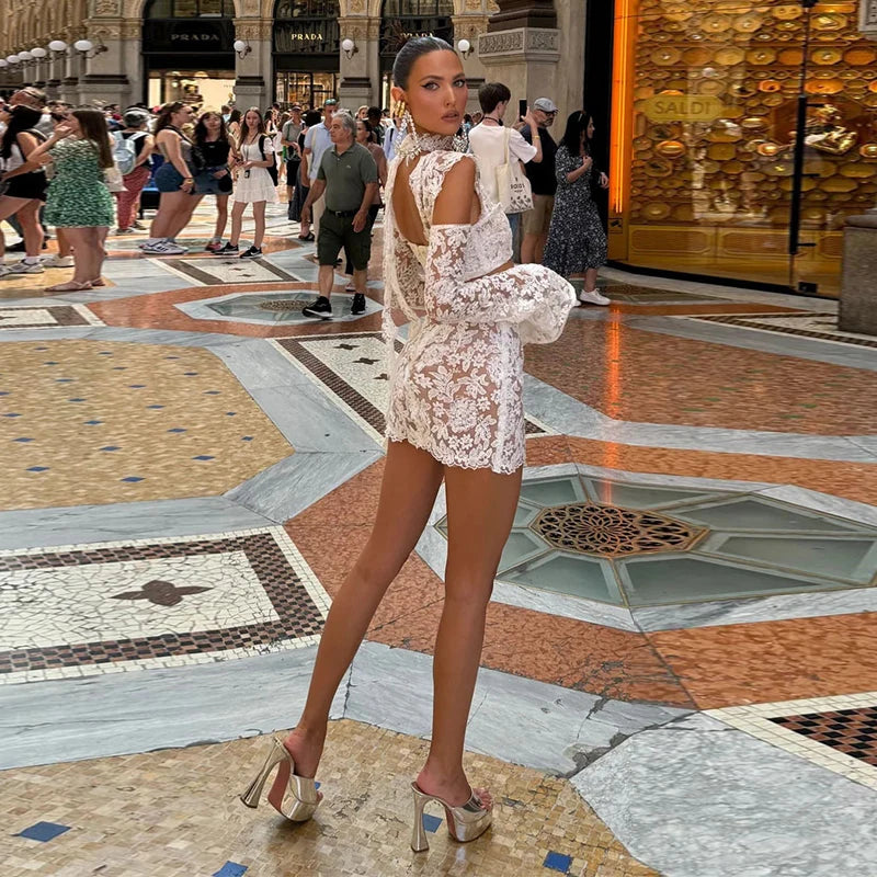 Lace Mini Skirt Set Women Hollow Out Cold Shoulder Crop Top Side Split Skirts Suit Female Summer Holiday Sexy Sets Lady Beach