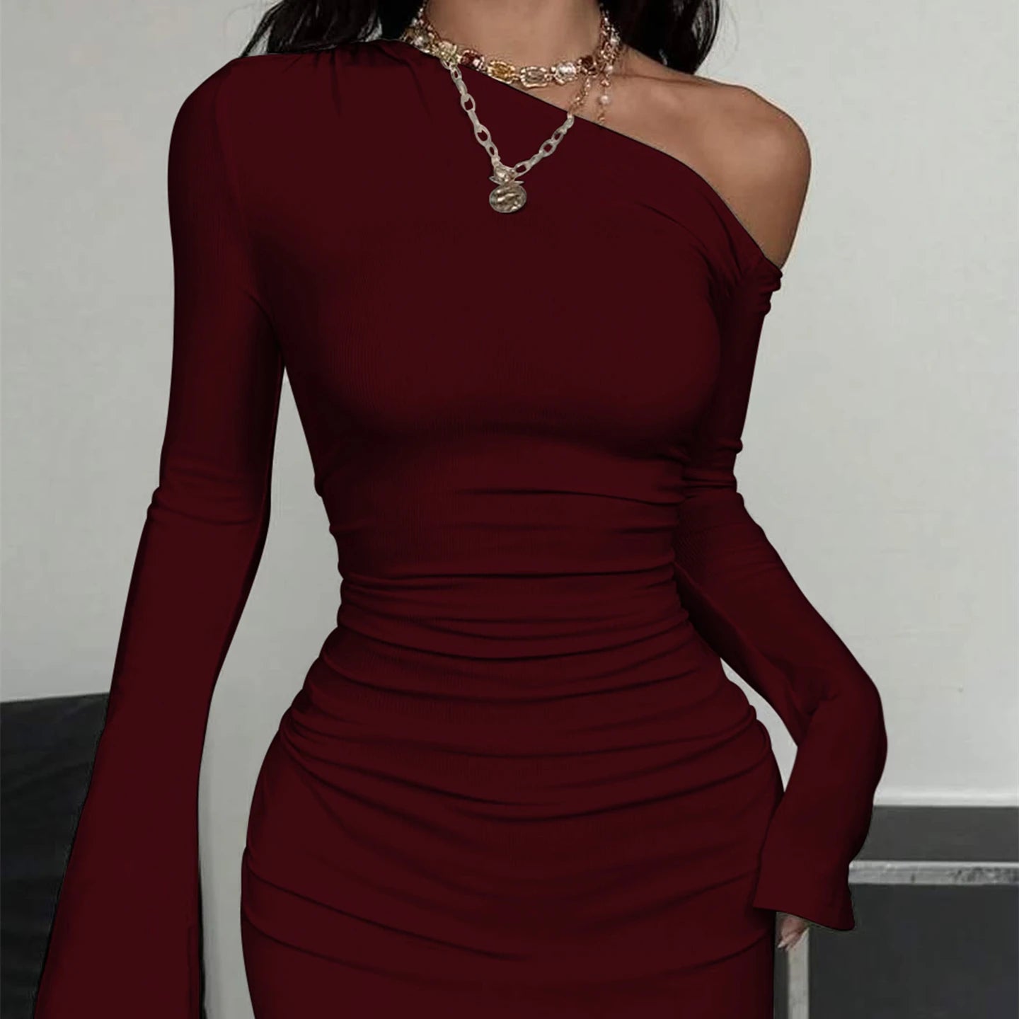 Dulzura Inclined Shoulder Long Sleeve Ruched Slim Irregular Mini Dress Women'S Solid Sexy Casual Dress Party Club Autumn Clothes