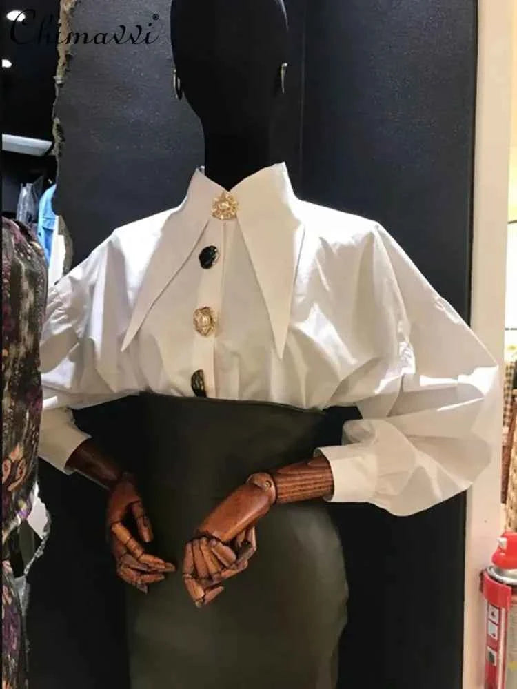 2026 Casual Long-sleeve Shirt Women New Fashion Turn Down Collar Big Button Retro Blouse Female