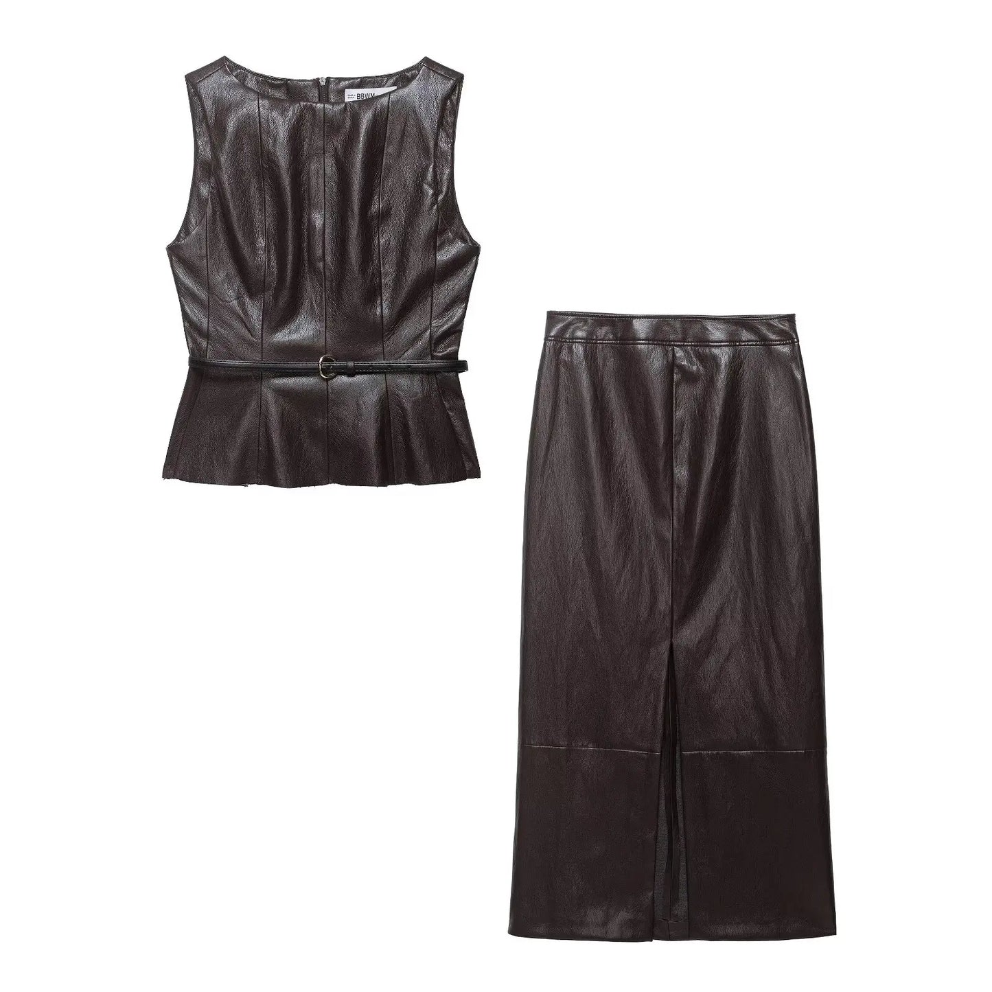 HH Vintage Women's Leather Suits 2026 Spring Summer Round Neck Belted Vest Top+Front Split Long Skirts Female Two-Piece Set