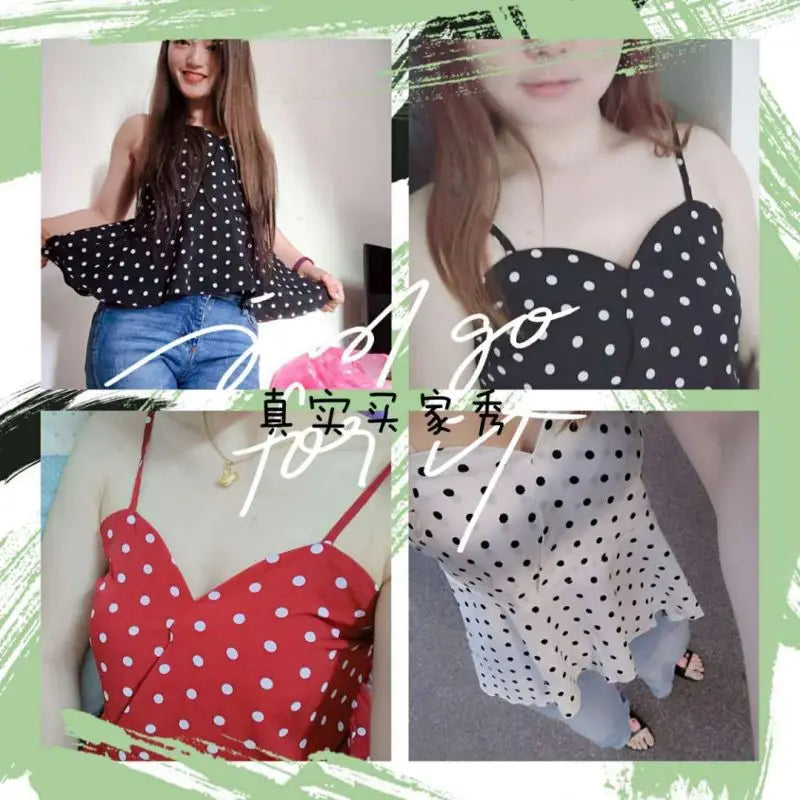 Red Polka Dot Print Chiffon Short V-Neck Sleeveless Sexy Pullover Women's Blouse Shirt Korean Fashion Female Clothing Tops 2024