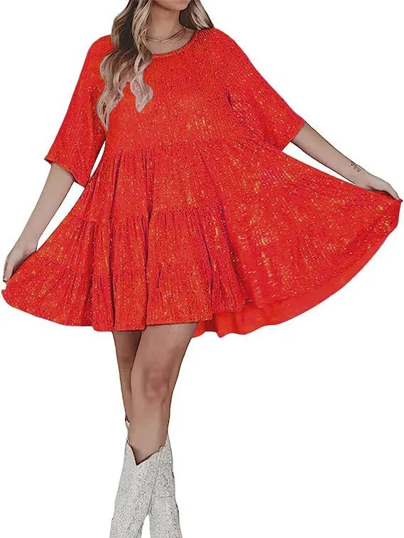 Vestido de manga curta plus size elegante moda lantejoulas em torno do pescoço solto vestido de jantar plus size roupas femininas