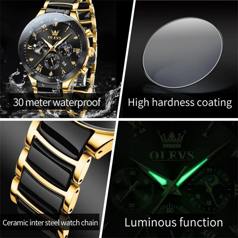 OLEVS Men's Watches Original Quartz Watch for Man Waterproof Luminous Ceramic And Steel Strips Wristwatch Male Moon Phases - CRAVO ROSE