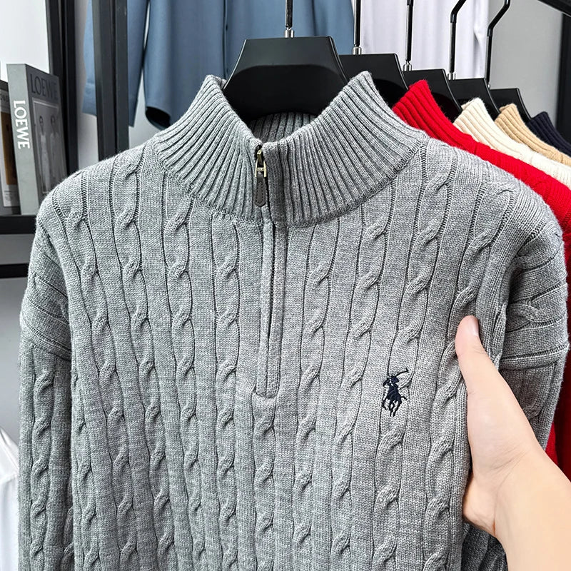 Heshi Brand Fashion American 2025 Vintage Stand Collar Zipper Embroidery Sweater Fried Dough Twists 3D Autumn Winter Knitwear