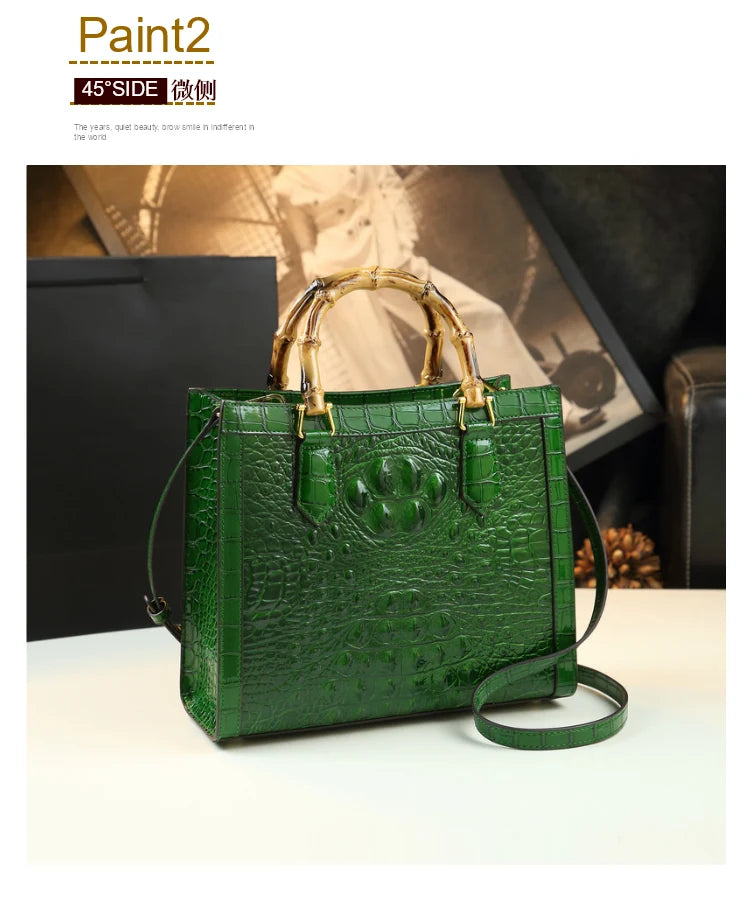 Brand Genuine Leather Real Bamboo Women's Bag Crocodile Pattern Handbag Portable Tote Bag Mom Tide Shoulder Messenger Bags