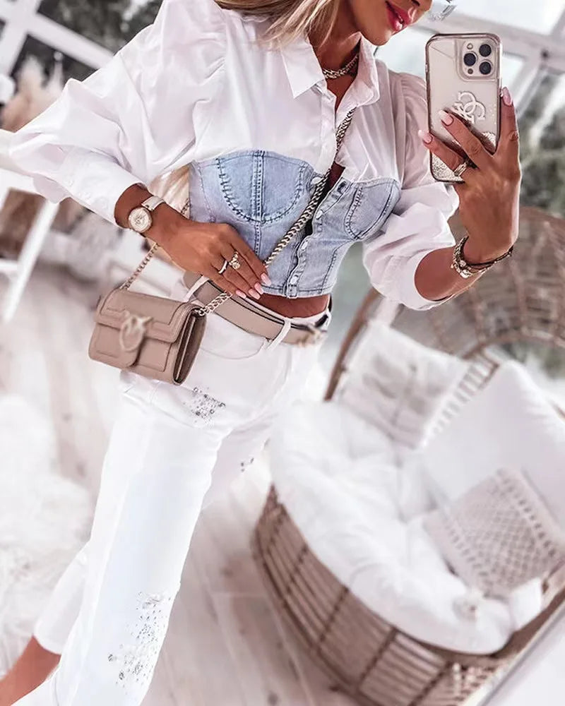 Camisa branca detalhe jeans emendado, feminino TShirts