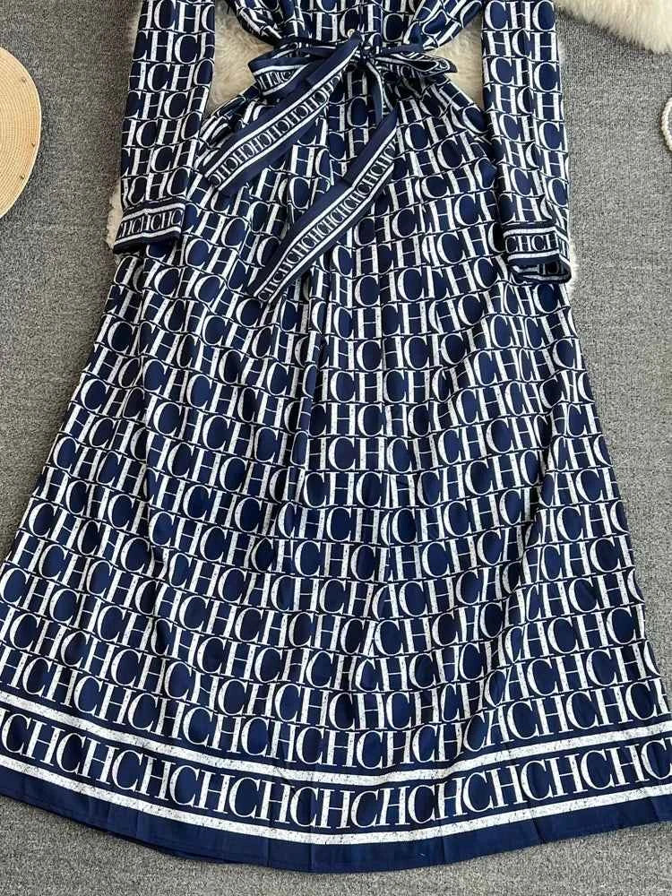 Elegant Retro Long Sleeve Print Shirt Dress Slimming A-Line High Waist Spring Autumn Korean Style Women's City Commute Dress