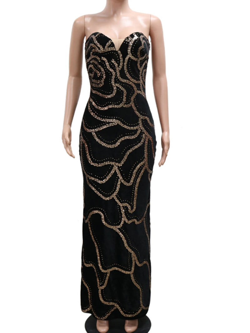 Vestidos longos Sexy preto sem costas lantejoulas maxi  elegante bodycon