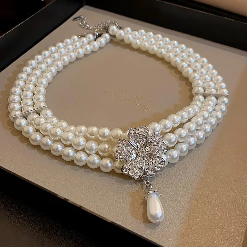 Flower Party Necklaces Women French Luxury Imitation Pearl Multi-layer Necklaces Bracelet Earrings Rhinestone Jewelry Sets K-