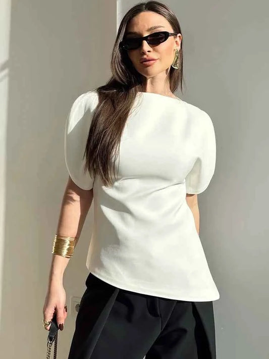 SLTNX Women's Elegant Vintage Short Puff Sleeve O-Neck Asymmetrical Hem Blouse - 2026 Spring Summer Y2K Streetwear Top