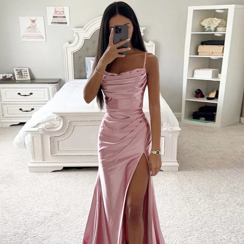Women's Spring New Bra Shrink Pleated Split Satin Dress Sexy Slim Fit Wrap Hip Dress