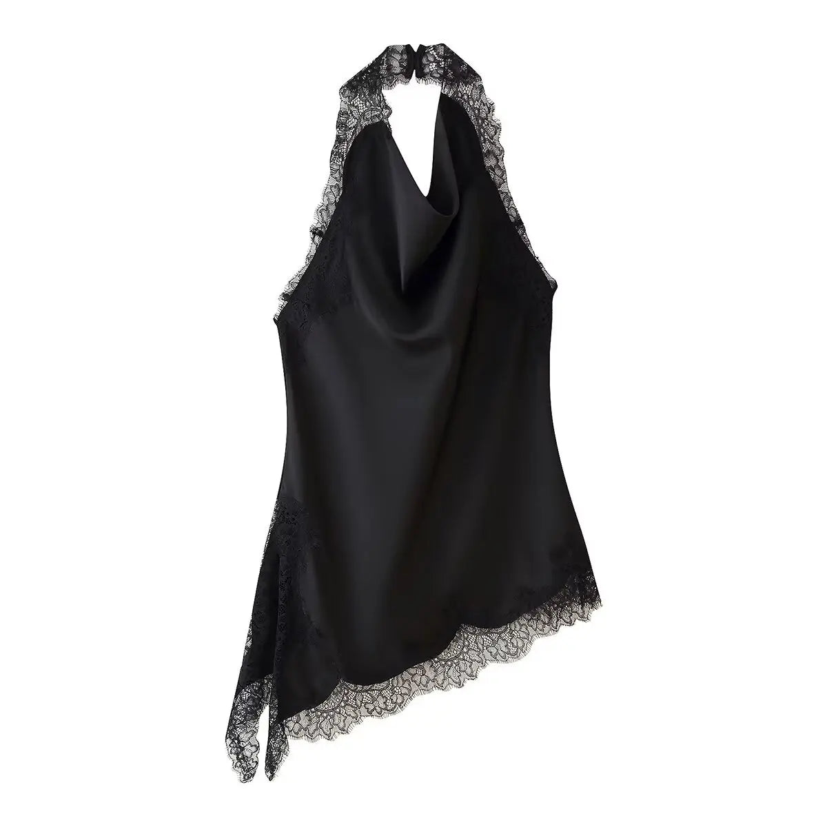 2026 Women's Sexy V-neck Backless Black Asymmetrical Lace Camisole Lady Vintage Sleeveless Slip Evening Party Halter Blouse Tops