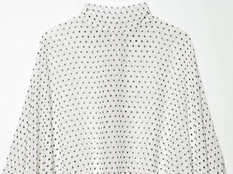 ETJ Women's Polka Dot Blouse Skirt Set 2026 Spring High Neck Batwing Sleeve Sheer Front Tie Bow Midi A-Line Dress Set