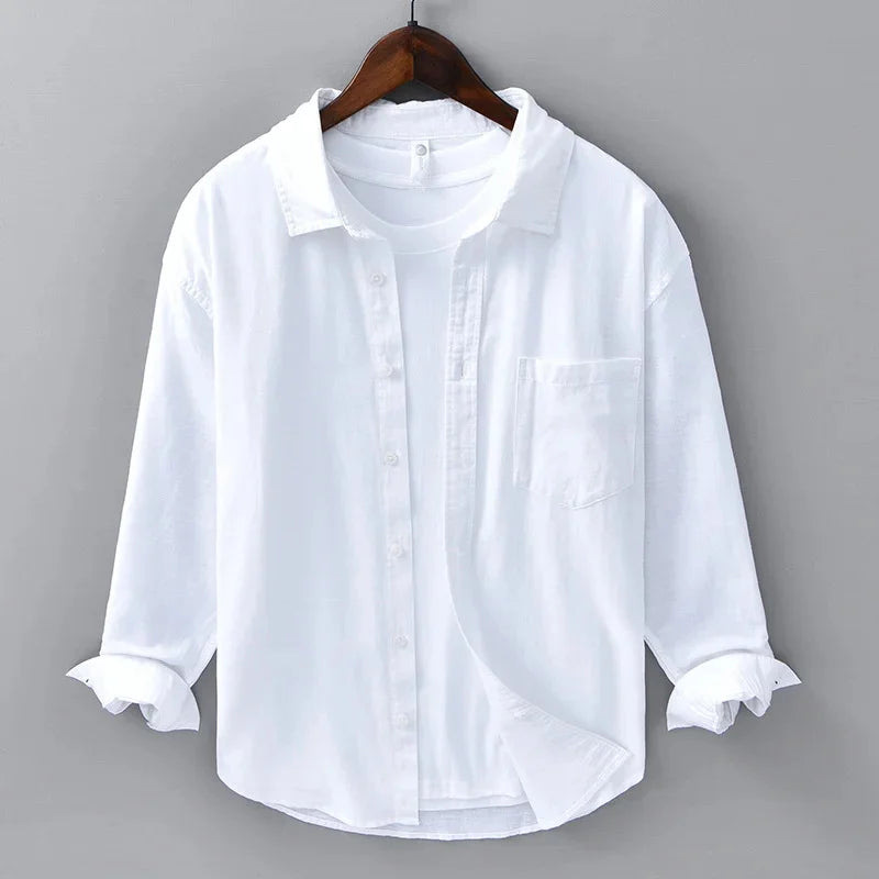 Men's linen shirt 100℅ slim fit comfortable street outdoor seaside beach 2024 simple solid color white black blue