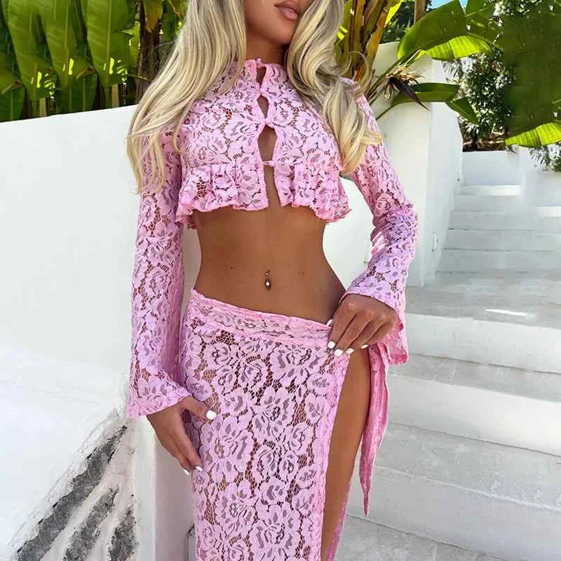 New Lace Mesh Summer Women Two Piece Sexy Solid Vacation Beach Outfits Perspective Button Long Sleeve Top + Split Skirts Suits