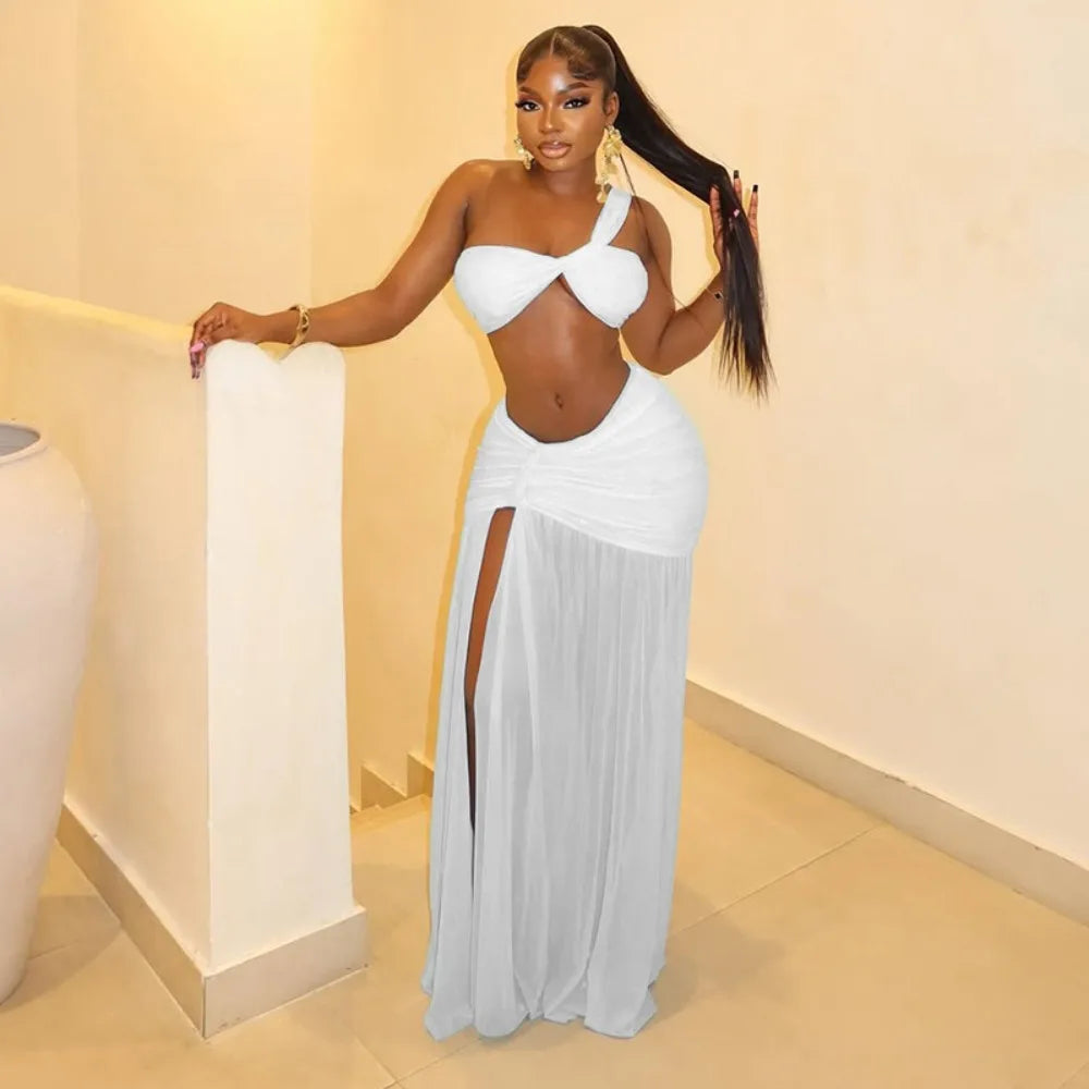 FLARORA Sexy Mesh Ruched 2 Piece Sets Woman Strapless Crop Tops And High Split Long Skirts Suits Elegant Beach Vacation Clothing