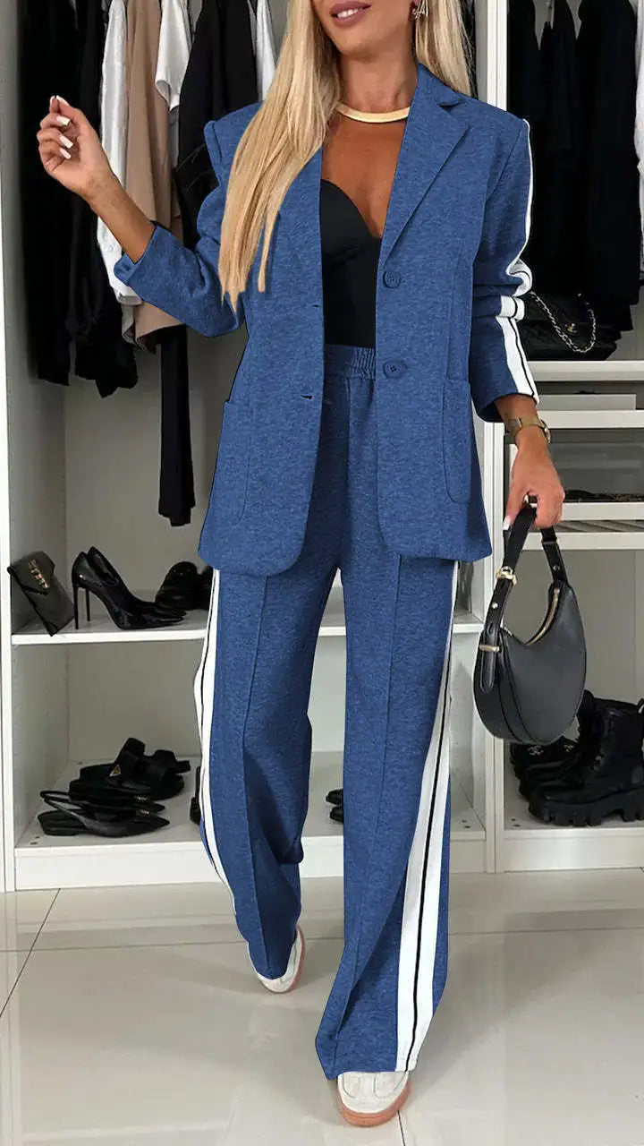 Modern Office Commute Women's Suit Set Loose Fit Long Pants High Waist Striped Casual Sportswear Long Sleeve Button up Coat