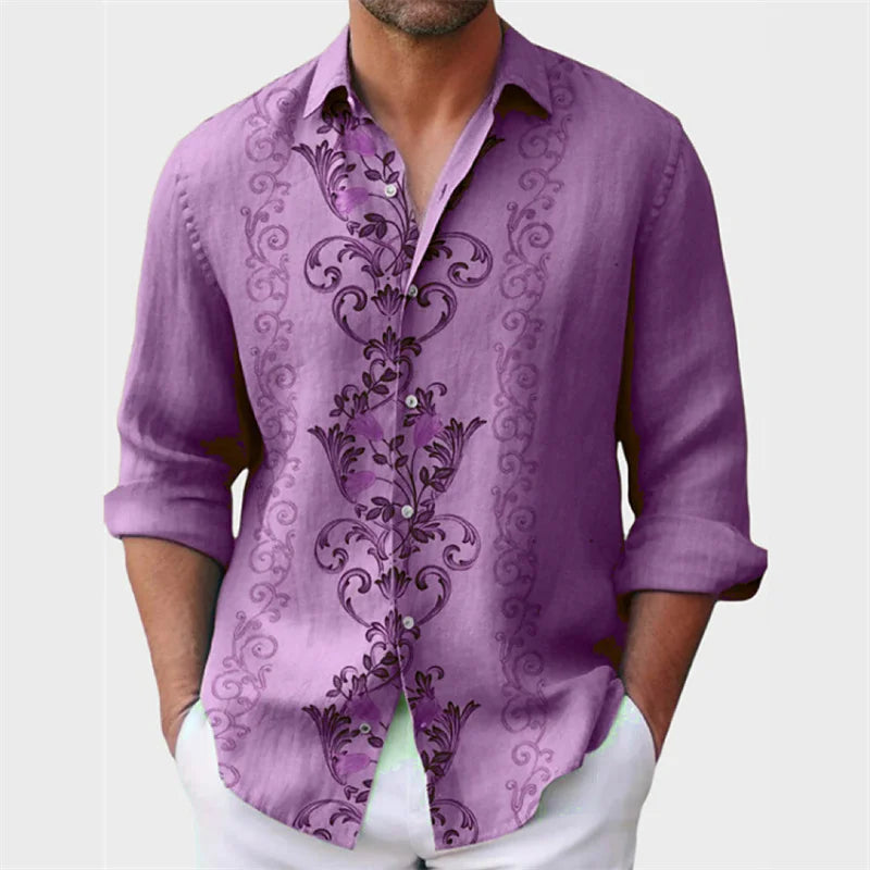 Camisa masculina de 6 cores estampada, modelo explosão, primavera e verão, lapela, botão, manga comprida, camisa