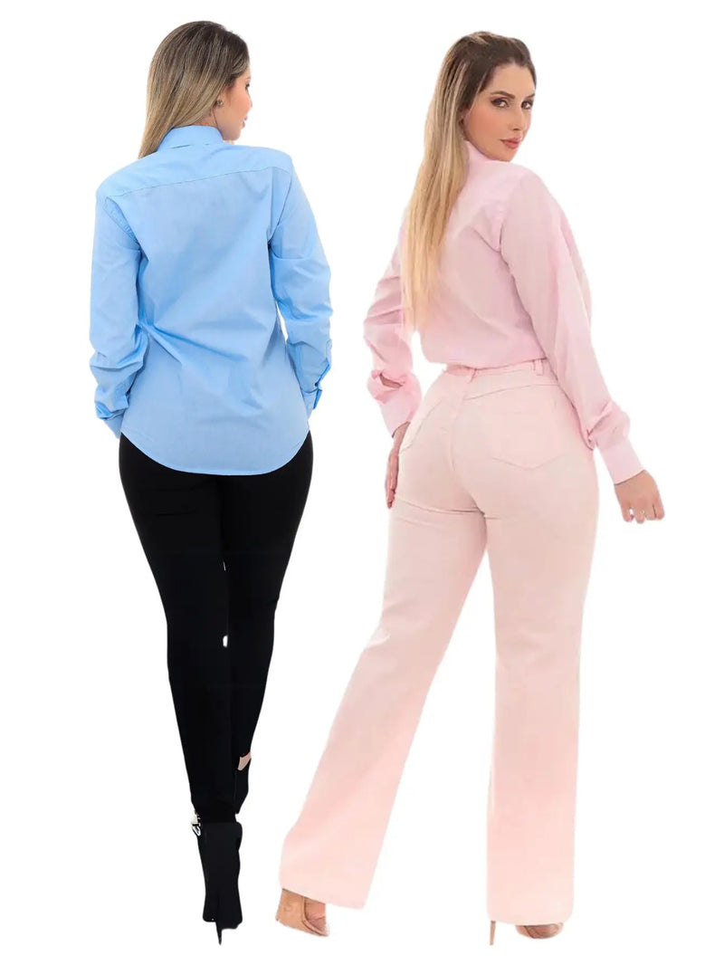 Women's KIT 2 Pieces-Premium Light Blue Linen Type Social Shirt and Pink Slim Social Shirt