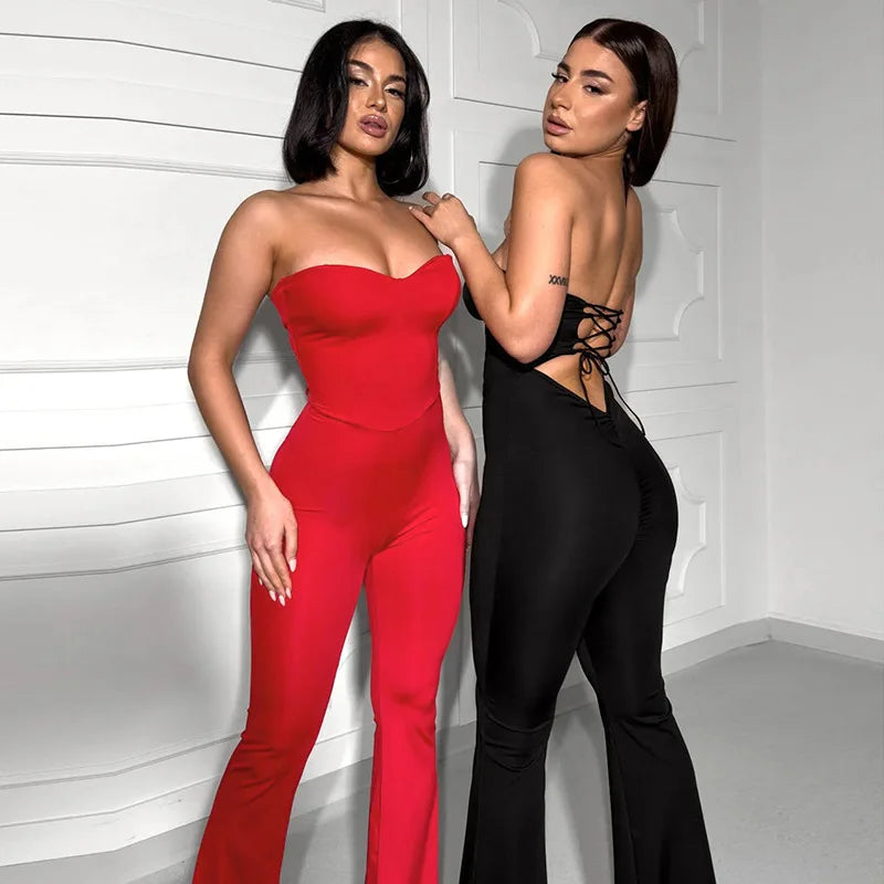 2025 Summer Women's Solid Color Back Strap Strapless Strapless Open Shoulder Tight Micro Flared Pants Jumpsuit