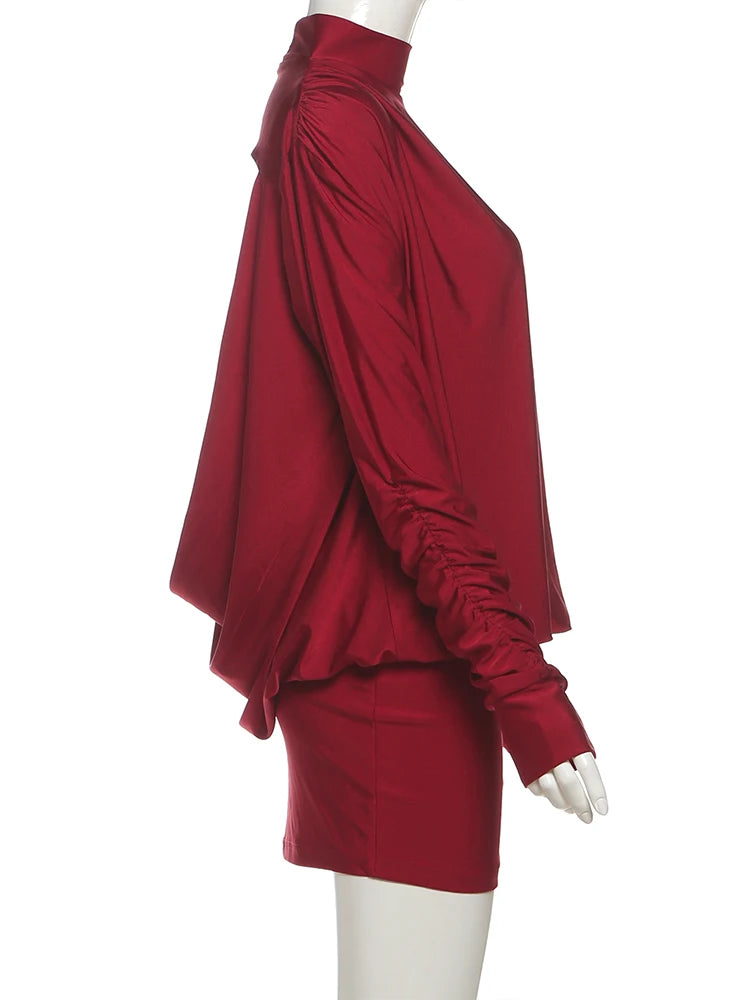 Nibber Backless Dress Women Full Sleeve Turtleneck Folds Solid Skinny Birthday Party Autumn Trend Elegant Chic Mini Bodycon