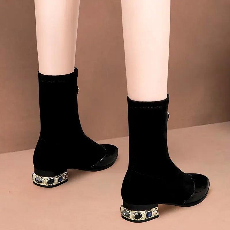 Women Shiny Sequin Ankle Boots Winter Fashion Pointed Front Zipper Rhinestone Square Heels Short Boots Retro Motorcycle Shoes55 - CRAVO ROSE