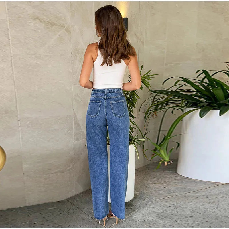 Calça jeans feminina moderna de cintura alta com perna reta e design chique de contas cravejadas, calça feminina casual e moderna de rua