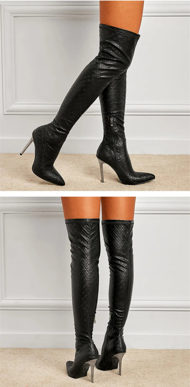 Botas femininas acima do joelho Eilyken Sexy Nightclub Party Stripper Salto agulha Fashion Bico fino Zíper Cano alto
