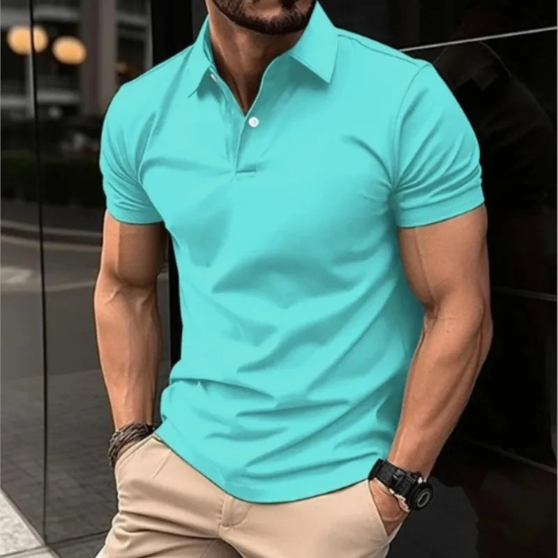 2024 New Men's Summer Casual Solid Color Button Short Sleeved T-shirt Polo Shirt With Purple Loose Collar Daily Versatile Shirt