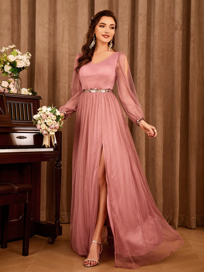 Mgiacy V-neck gauze applique slit elegant Evening gown Ball dress Party dress Bridesmaid dress - CRAVO ROSE